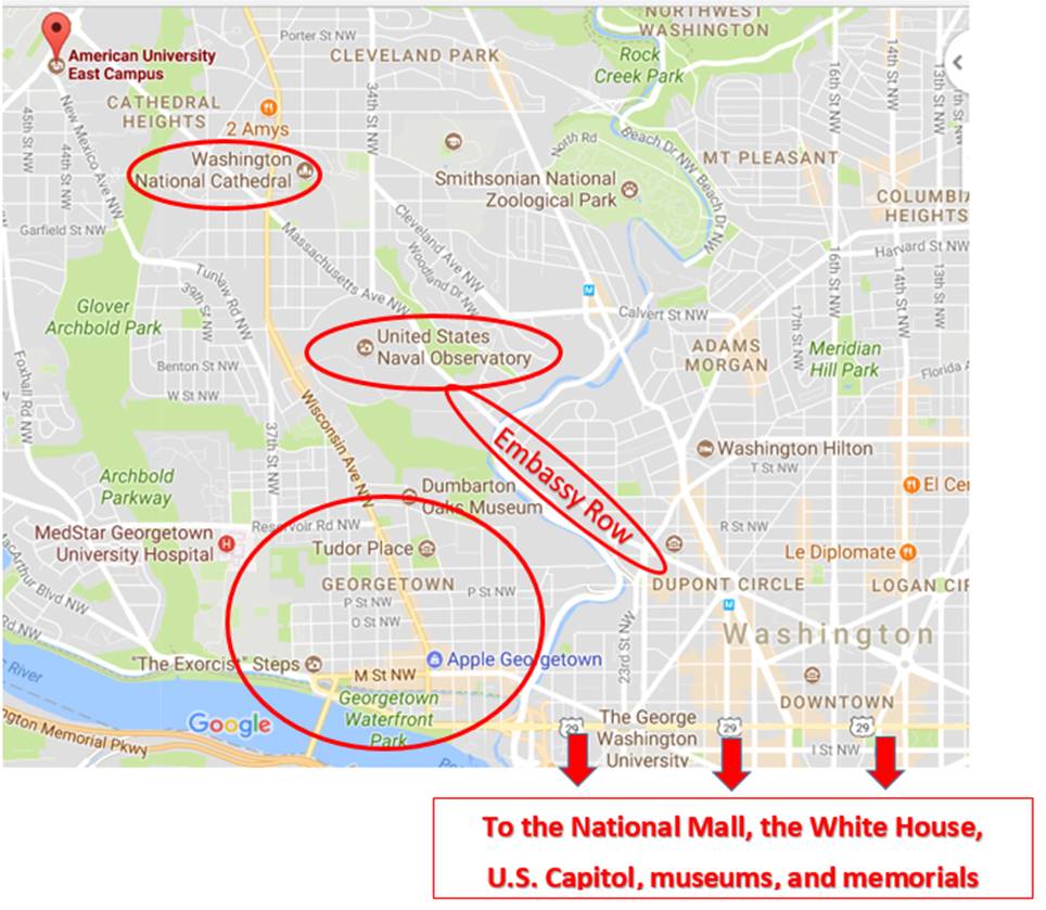 Sightseeing map of American University, Washington National Cathedral, US Naval Observatory, Embassy Row, and other sights in Northwest DC